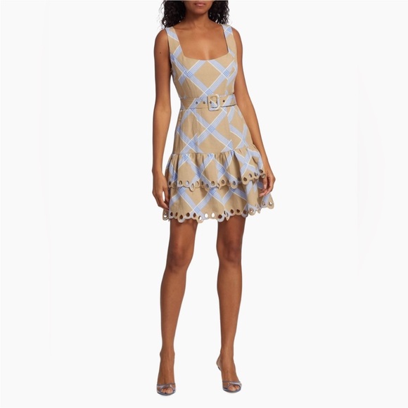 EN SAISON NWT Isla Embroidered Plaid Mini Dress M Belted Eyelet Blue Beige Tan - Picture 4 of 11